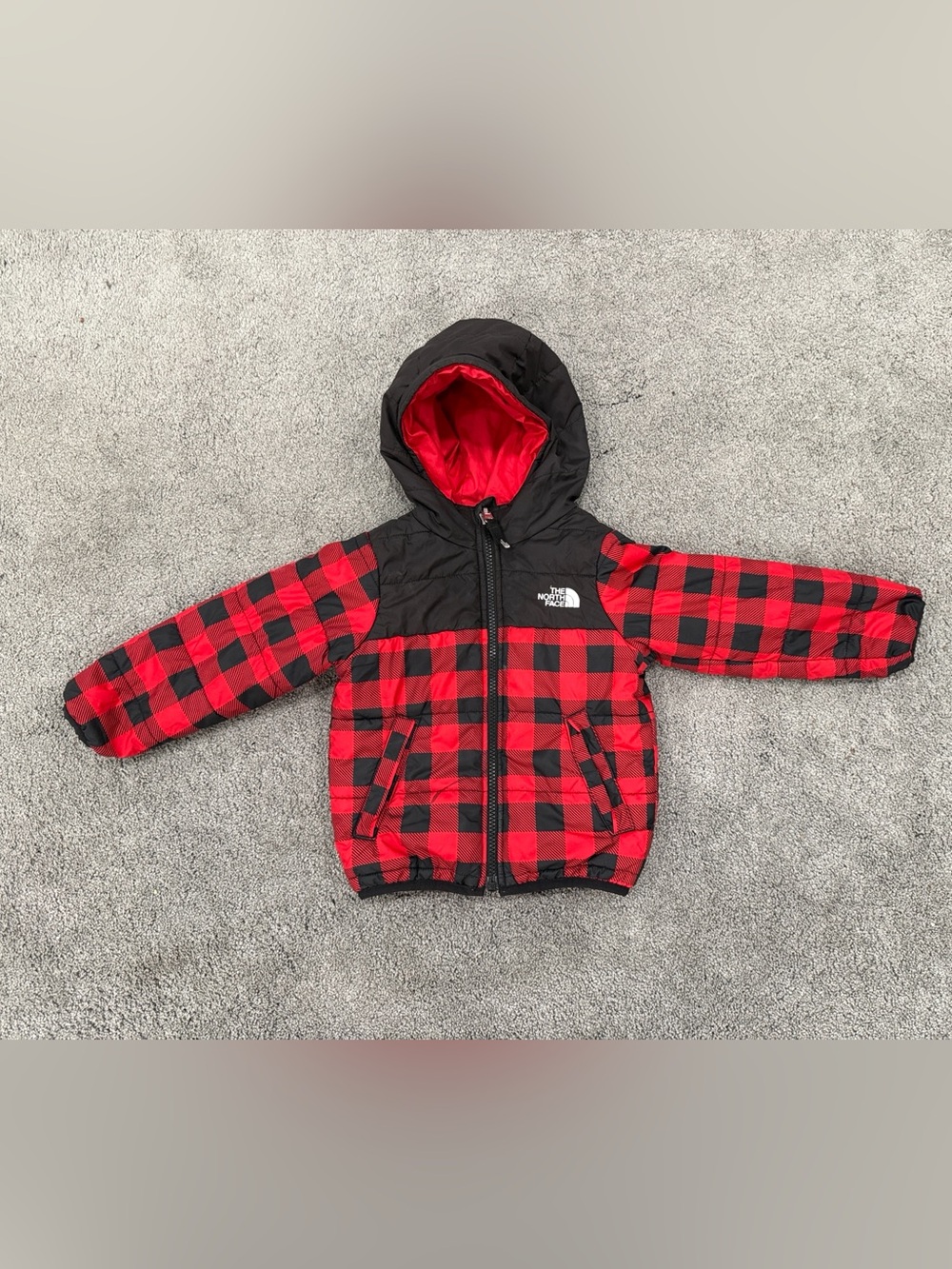 The North Face Reversible Red & Black Buffalo Plaid Hooded Puffer Jacket